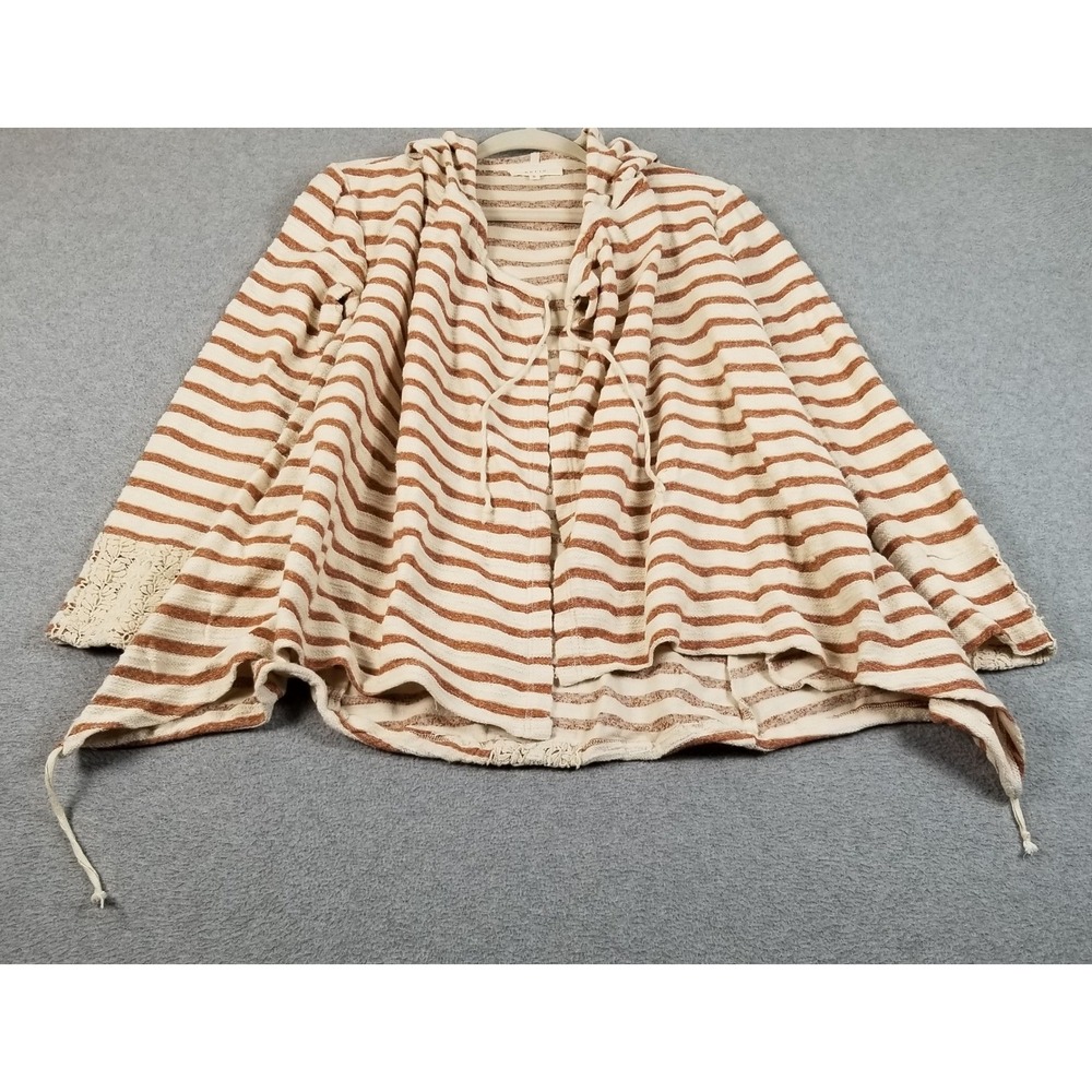 Entro Cardigan Women Small Brown White Striped Hooded Lace Back Boho Open Front